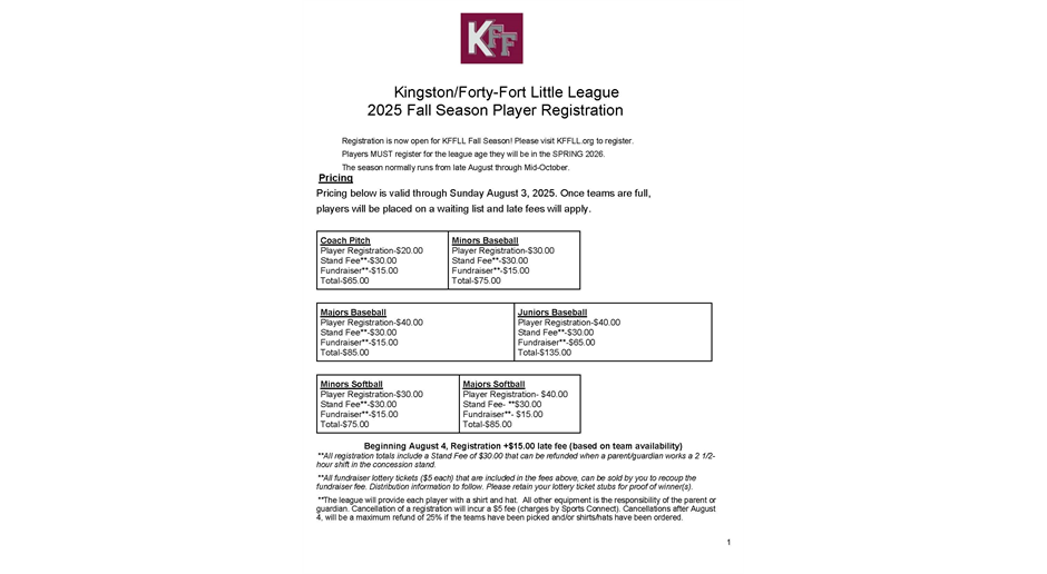 2025 Fall Baseball/Softball Registrations 