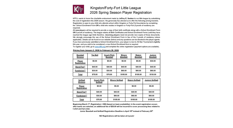 2026 Spring Baseball/Softball Registrations 